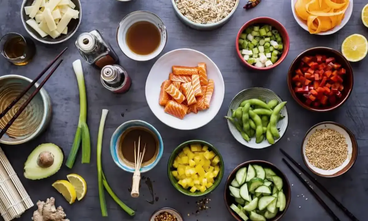 Salmon poke bowl ingredients: fresh salmon, rice, edamame, cucumber, sauces, and garnishes for a nutritious meal.