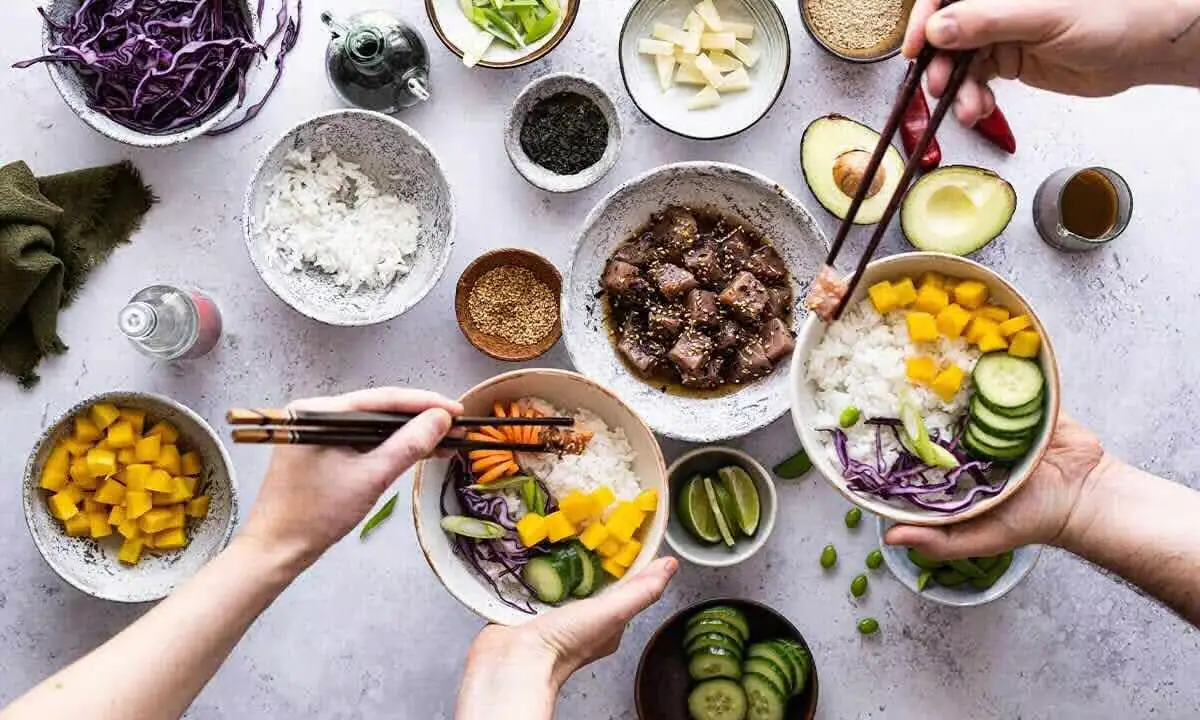 Colorful assortment of poke bowl toppings