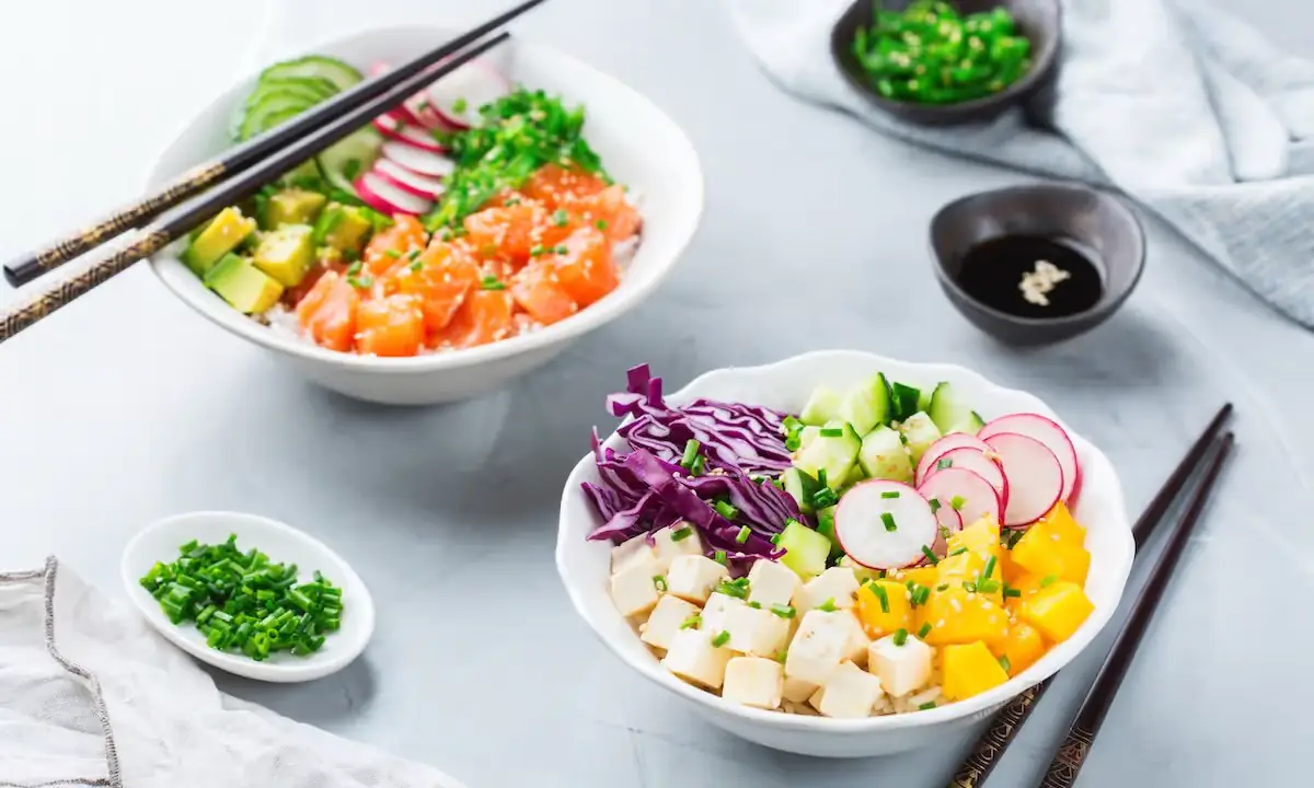 Colorful poke bowl with rice and fresh assorted toppings