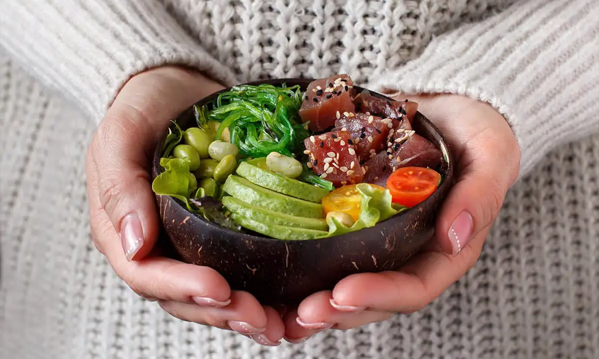 Bowl with diced sushi-grade ahi tuna and colorful toppings