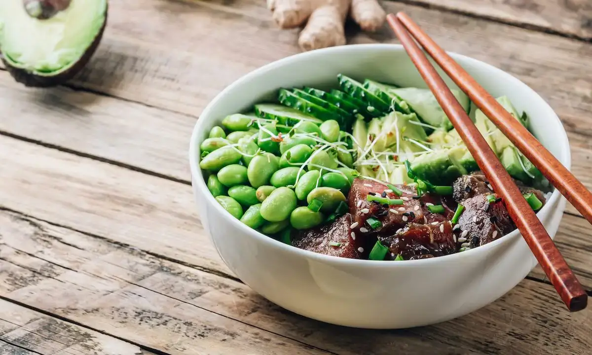 Tuna poke bowl with diced tuna, edamame, cucumber and avocado