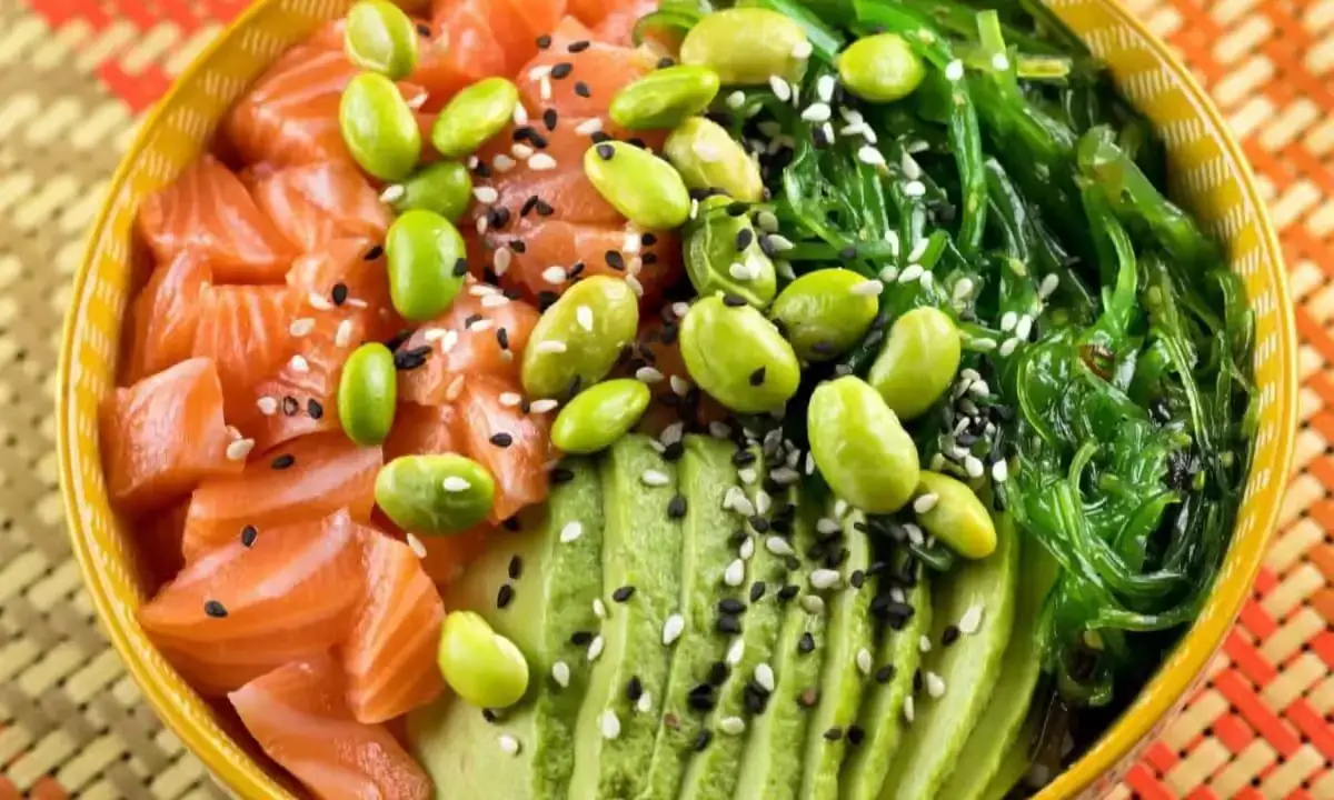 Satisfying salmon poke bowl with rice and fresh toppings